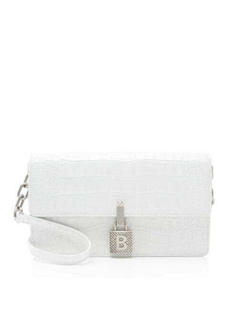 BALENCIAGA Croc Embossed Calfskin Lock Medium Shoulder Bag White